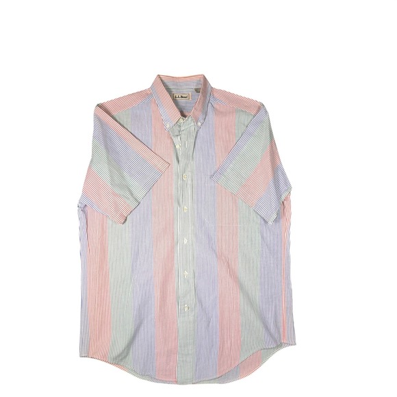 Vintage LL Bean Multi Stripe Short Sleeve Button seersucker Shirt Mens M Cotton - Picture 2 of 6